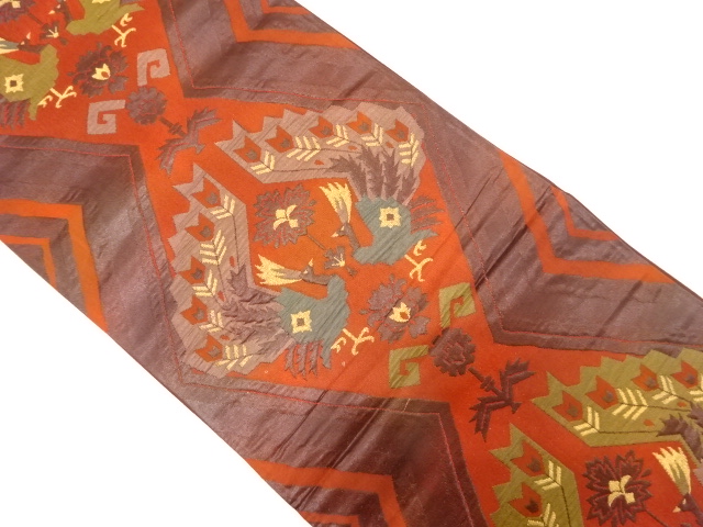 アンティーク　向かい鳥に花模様織り出し袋帯（着用可）